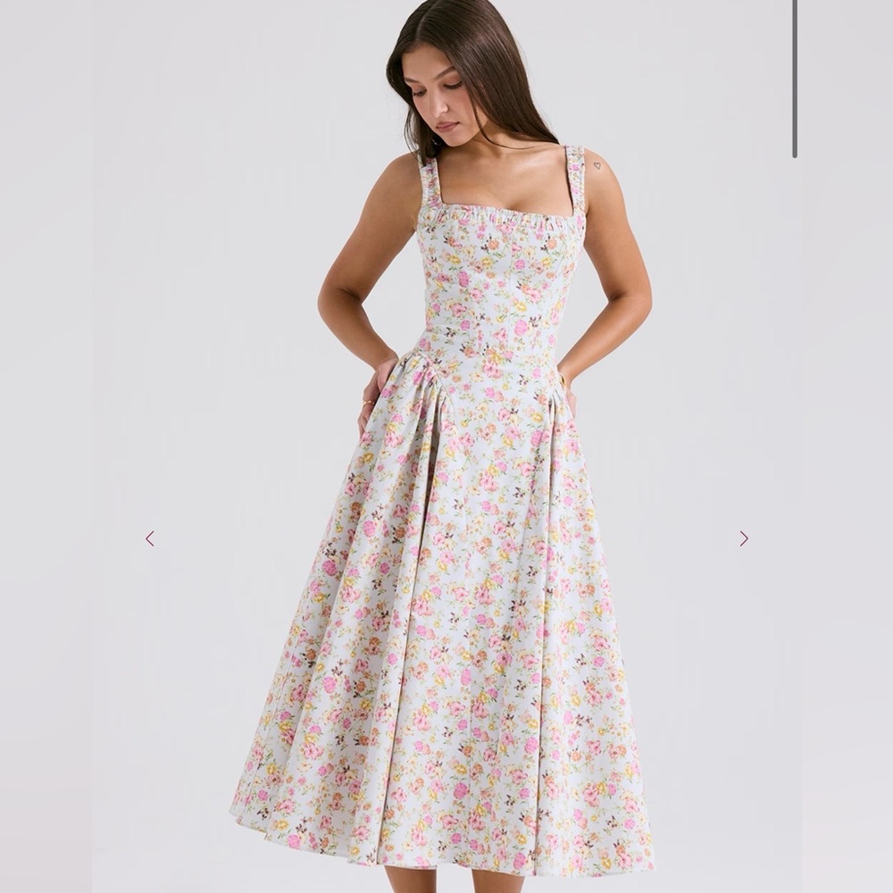 House of CB Dorothy Pale Blue Meadow Print Cotton Midi Sundress S - NWOT